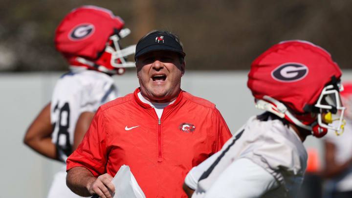 Georgia coach Kirby Smart yells during spring practice in Athens, Ga., on Thursday, March 14, 2024. Georgia coach Kirby Smart yells during spring practice in Athens, Ga., on Thursday, March 14, 2024.