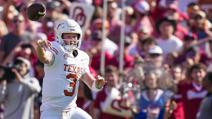 Texas Longhorns quarterback Quinn Ewers (3) passes the ball against Oklahoma Sooners during the Red River Rivalry Football Game between the University of Oklahoma Sooners and the University of Texas Longhorns at the Cotton Bowl Stadium in Dallas, TX on Saturday Oct. 12, 2024. Texas Longhorns quarterback Quinn Ewers (3) passes the ball against Oklahoma Sooners during the Red River Rivalry Football Game between the University of Oklahoma Sooners and the University of Texas Longhorns at the Cotton Bowl Stadium in Dallas, TX on Saturday Oct. 12, 2024.
