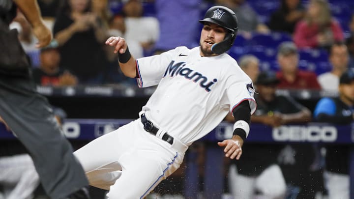 Sep 19, 2022; Miami, Florida, USA;  Miami Marlins third baseman Jordan Groshans (65) scores a run