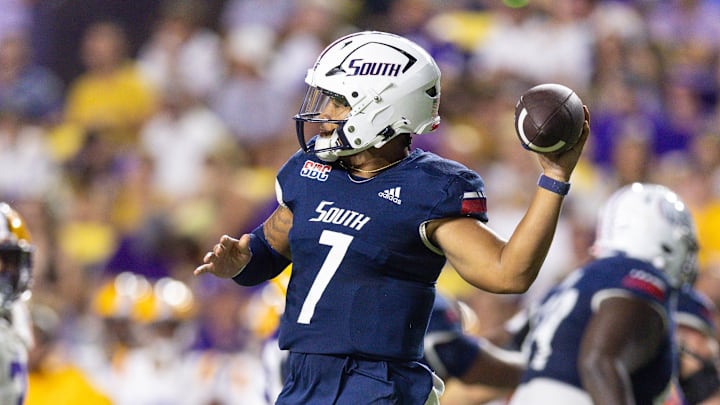 Sep 28, 2024; Baton Rouge, Louisiana, USA;  South Alabama Jaguars quarterback Gio Lopez (7) throws against the LSU Tigers during the second quarter at Tiger Stadium. 
