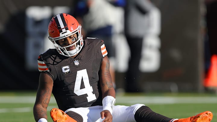 Browns quarterback Deshaun Watson reacts after failing to convert on a first-half third down against the Cowboys, Sunday, Sept. 8, 2024, in Cleveland.