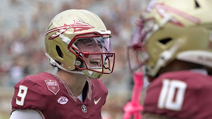 Sep 6, 2025; Tallahassee, Florida, USA; Florida State Seminoles quarterback Kevin Sperry celebrates after scoring a touchdown against the East Texas A&M Lions during the second half at Doak S. Campbell Stadium. Mandatory Credit: Melina Myers-Imagn Images