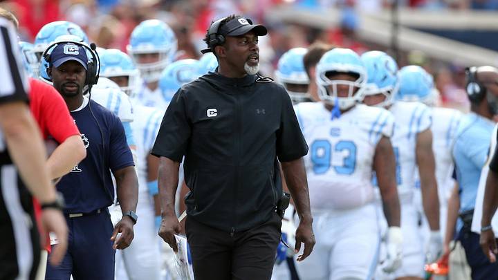 Nov 8, 2025; Oxford, Mississippi, USA; The Citadel Bulldogs head coach Maurice Drayton looks on during the second quarter against the Mississippi Rebels at Vaught-Hemingway Stadium. Mandatory Credit: Petre Thomas-Imagn Images Nov 8, 2025; Oxford, Mississippi, USA; The Citadel Bulldogs head coach Maurice Drayton looks on during the second quarter against the Mississippi Rebels at Vaught-Hemingway Stadium. Mandatory Credit: Petre Thomas-Imagn Images