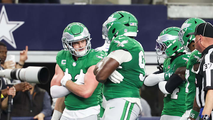 Nov 23, 2025; Arlington, Texas, USA; Philadelphia Eagles safety Reed Blankenship (32) celebrates after an interception in the second quarter at AT&T Stadium. Mandatory Credit: Kevin Jairaj-Imagn Images