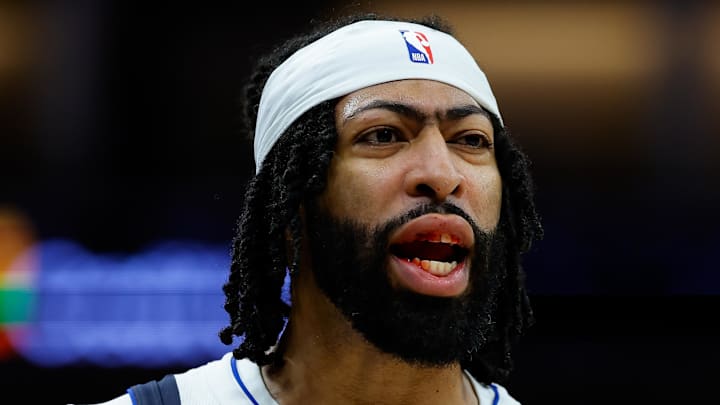 Apr 16, 2025; Sacramento, California, USA; Dallas Mavericks forward Anthony Davis (3) bleeds from the mouth after a play during the fourth quarter against the Sacramento Kings at Golden 1 Center. Mandatory Credit: Sergio Estrada-Imagn Images