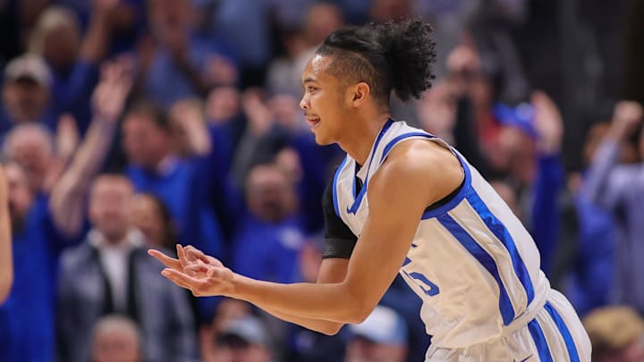 Dec 20, 2025; Atlanta, Georgia, USA; Kentucky Wildcats guard Jaland Lowe (15) reacts after a basket against the St. John Red Storm in the second half at State Farm Arena. Mandatory Credit: Brett Davis-Imagn Images
