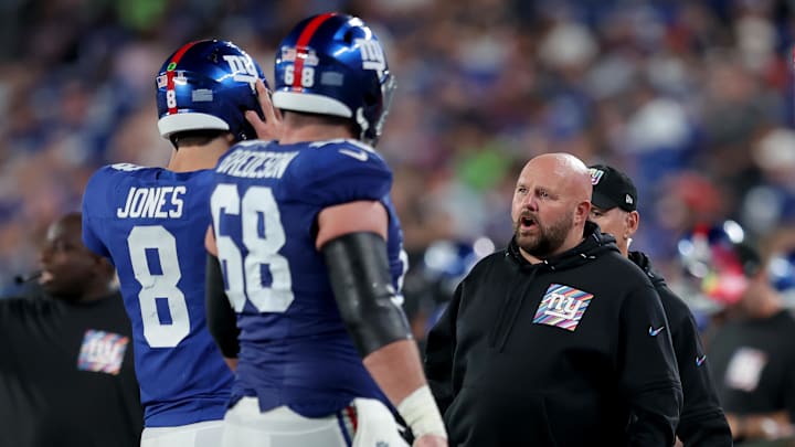 Oct 2, 2023; East Rutherford, New Jersey, USA; New York Giants head coach Brian Daboll talks to