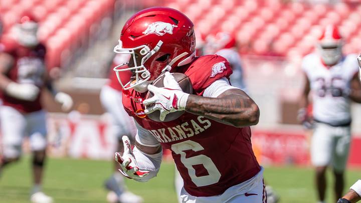 Arkansas Razorbacks wide receiver Chris Marshall runs after a reception against No. 2 Georgia on Sept. 19, 2026. Arkansas Razorbacks wide receiver Chris Marshall runs after a reception against No. 2 Georgia on Sept. 19, 2026.