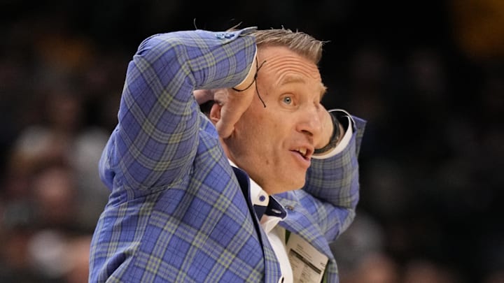 Feb 19, 2025; Columbia, Missouri, USA; Alabama Crimson Tide head coach Nate Oats reacts to a non-call against the Missouri Tigers during the first half at Mizzou Arena. Mandatory Credit: Denny Medley-Imagn Images