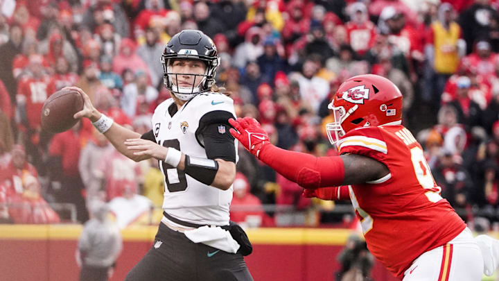 Jan 21, 2023; Kansas City, Missouri, USA;  Jacksonville Jaguars quarterback Trevor Lawrence (16)