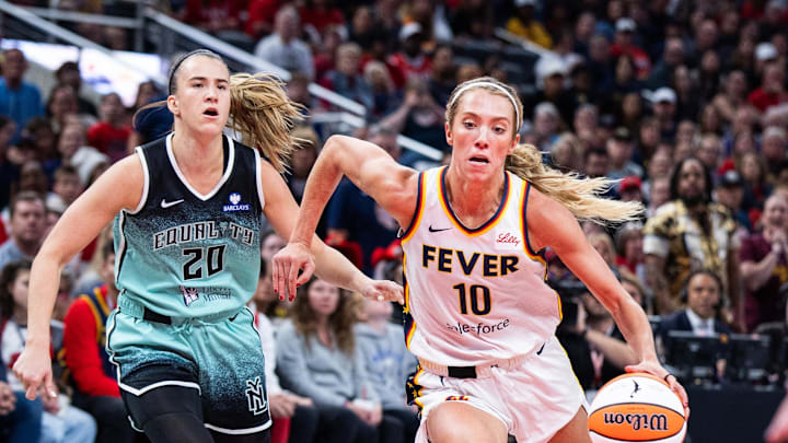 May 24, 2025; Indianapolis, Indiana, USA; Indiana Fever guard Lexie Hull (10) dribbles the ball while New York Liberty guard Sabrina Ionescu (20) defends in the second half at Gainbridge Fieldhouse. Mandatory Credit: Trevor Ruszkowski-Imagn Images May 24, 2025; Indianapolis, Indiana, USA; Indiana Fever guard Lexie Hull (10) dribbles the ball while New York Liberty guard Sabrina Ionescu (20) defends in the second half at Gainbridge Fieldhouse. Mandatory Credit: Trevor Ruszkowski-Imagn Images
