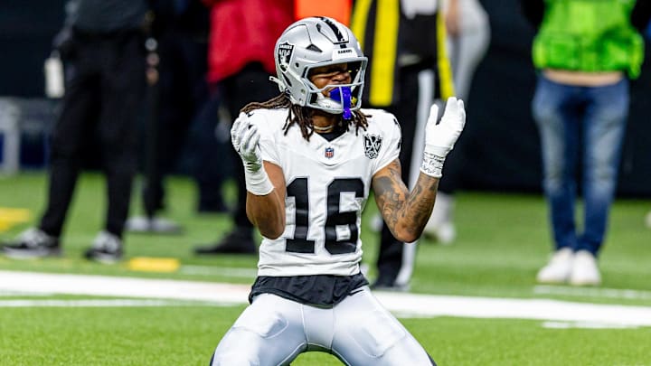 Dec 29, 2024; New Orleans, Louisiana, USA;  Las Vegas Raiders wide receiver Jakobi Meyers (16) reacts to dropping a pass against the New Orleans Saints during the first half at Caesars Superdome. Mandatory Credit: Stephen Lew-Imagn Images