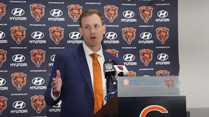 Jan 22, 2025; Lake Forest, IL, USA; Chicago Bears head coach Ben Johnson answers questions during a introductory press conference at PNC Center. Mandatory Credit: David Banks-Imagn Images