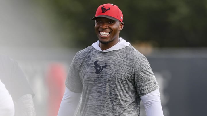 Jul 23, 2025; Houston, TX, USA;  Houston Texans head coach DeMeco Ryans smiles during training camp at Houston Methodist Training Center. Mandatory Credit: Troy Taormina-Imagn Images