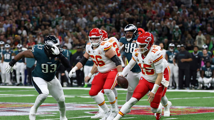 Feb 9, 2025; New Orleans, LA, USA; Kansas City Chiefs quarterback Patrick Mahomes (15) runs with the ball against the Philadelphia Eagles during the first half of Super Bowl LIX at Caesars Superdome. Mandatory Credit: Geoff Burke-Imagn Images Feb 9, 2025; New Orleans, LA, USA; Kansas City Chiefs quarterback Patrick Mahomes (15) runs with the ball against the Philadelphia Eagles during the first half of Super Bowl LIX at Caesars Superdome. Mandatory Credit: Geoff Burke-Imagn Images