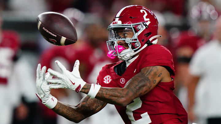 Sep 28, 2024; Tuscaloosa, Alabama, USA;  Alabama Crimson Tide wide receiver Ryan Williams (2) reaches for a pass against the Georgia Bulldogs during the third quarter at Bryant-Denny Stadium. Mandatory Credit: John David Mercer-Imagn Images