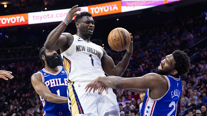 Jan 2, 2023; Philadelphia, Pennsylvania, USA; New Orleans Pelicans forward Zion Williamson (1) collides with Philadelphia 76ers center Joel Embiid (21) while driving for a shot during the third quarter at Wells Fargo Center. Mandatory Credit: Bill Streicher-Imagn Images Jan 2, 2023; Philadelphia, Pennsylvania, USA; New Orleans Pelicans forward Zion Williamson (1) collides with Philadelphia 76ers center Joel Embiid (21) while driving for a shot during the third quarter at Wells Fargo Center. Mandatory Credit: Bill Streicher-Imagn Images