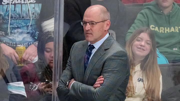 Nov 29, 2024; San Jose, California, USA; Seattle Kraken head coach Dan Bylsma watches the play against the San Jose Sharks during the third period at SAP Center at San Jose. Mandatory Credit: Robert Edwards-Imagn Images Nov 29, 2024; San Jose, California, USA; Seattle Kraken head coach Dan Bylsma watches the play against the San Jose Sharks during the third period at SAP Center at San Jose. Mandatory Credit: Robert Edwards-Imagn Images