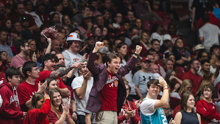 Dec 29, 2024; Tuscaloosa, Alabama, USA; Alabama Crimson Tide fans react to the game against the South Dakota State Jackrabbits during the second half at Coleman Coliseum. Mandatory Credit: Will McLelland-Imagn Images