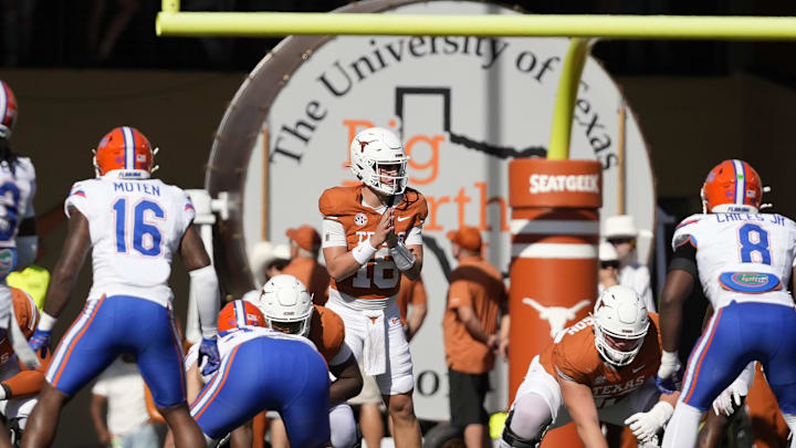 Nov 9, 2024; Austin, Texas, USA; Texas Longhorns quarterback Arch Manning (16) prepares to hike the ball during the second half against the Florida Gators at Darrell K Royal-Texas Memorial Stadium. Mandatory Credit: Scott Wachter-Imagn Images