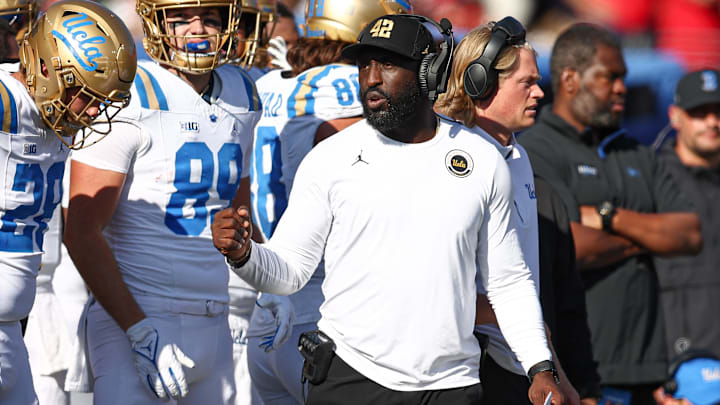 Oct 19, 2024; Piscataway, New Jersey, USA; UCLA Bruins head coach DeShaun Foster during the second half against the Rutgers Scarlet Knights at SHI Stadium. Mandatory Credit: Vincent Carchietta-Imagn Images