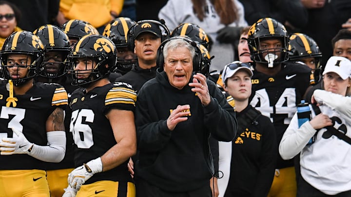 Nov 22, 2025; Iowa City, Iowa, USA; Iowa Hawkeyes head coach Kirk Ferentz reacts during the second quarter against the Michigan State Spartans at Kinnick Stadium. Mandatory Credit: Jeffrey Becker-Imagn Images Nov 22, 2025; Iowa City, Iowa, USA; Iowa Hawkeyes head coach Kirk Ferentz reacts during the second quarter against the Michigan State Spartans at Kinnick Stadium. Mandatory Credit: Jeffrey Becker-Imagn Images