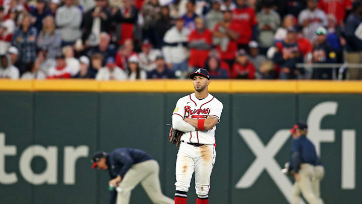 Oct 7, 2023; Cumberland, Georgia, USA; Atlanta Braves left fielder Eddie Rosario (8) waits for play