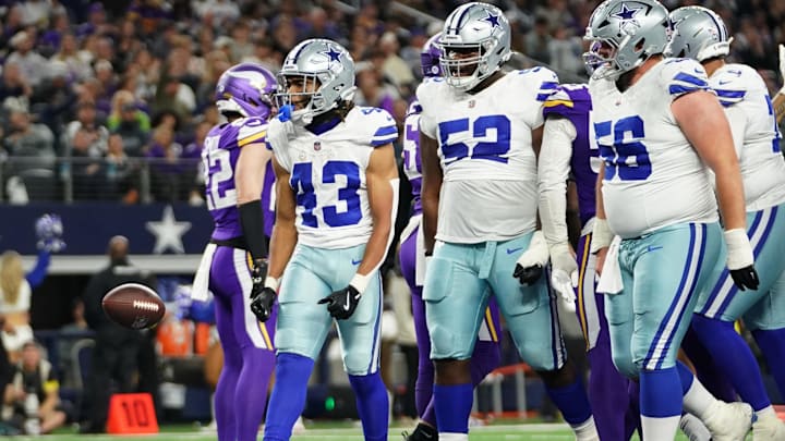 Dec 14, 2025; Arlington, Texas, USA; Dallas Cowboys running back Malik Davis (43) celebrates after a touchdown during the first half against the Minnesota Vikings at AT&T Stadium. Mandatory Credit: Raymond Carlin III-Imagn Images