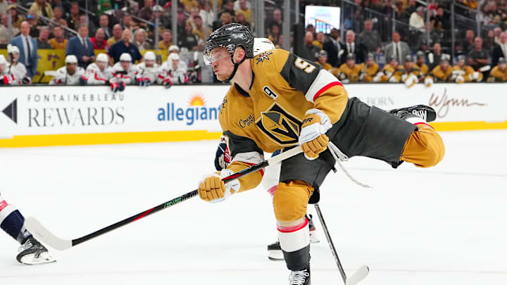 Mar 28, 2026; Las Vegas, Nevada, USA; Vegas Golden Knights center Jack Eichel (9) shoots against the Washington Capitals during the third period at T-Mobile Arena. Mandatory Credit: Stephen R. Sylvanie-Imagn Images Mar 28, 2026; Las Vegas, Nevada, USA; Vegas Golden Knights center Jack Eichel (9) shoots against the Washington Capitals during the third period at T-Mobile Arena. Mandatory Credit: Stephen R. Sylvanie-Imagn Images