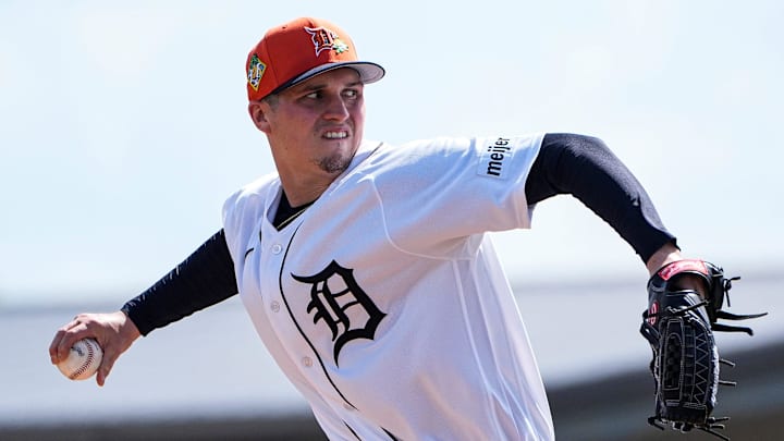 Detroit Tigers pitcher Ty Madden throws at live batting practice during spring training at TigerTown in Lakeland, Fla. on Saturday, Feb. 14, 2026. Detroit Tigers pitcher Ty Madden throws at live batting practice during spring training at TigerTown in Lakeland, Fla. on Saturday, Feb. 14, 2026.