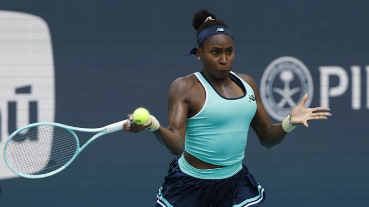 Mar 24, 2025; Miami, FL, USA; Coco Gauff (USA) hits a forehand against Magna Linette (POL)(not pictured) on day seven of the Miami Open at Hard Rock Stadium. Mandatory Credit: Geoff Burke-Imagn Images