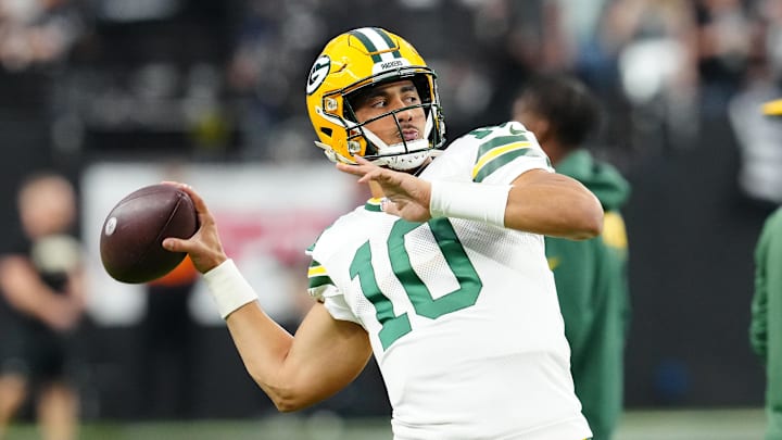 Oct 9, 2023; Paradise, Nevada, USA; Green Bay Packers quarterback Jordan Love (10) warms up before