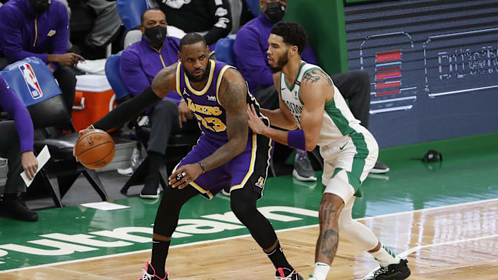 Jan 30, 2021; Boston, Massachusetts, USA; Los Angeles Lakers forward LeBron James (23) works on Boston Celtics forward Jayson Tatum (0) during the second quarter at TD Garden. Mandatory Credit: Winslow Townson-Imagn Images Jan 30, 2021; Boston, Massachusetts, USA; Los Angeles Lakers forward LeBron James (23) works on Boston Celtics forward Jayson Tatum (0) during the second quarter at TD Garden. Mandatory Credit: Winslow Townson-Imagn Images