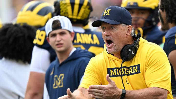 Sep 12, 2026; Ann Arbor, Michigan, USA;  Michigan Wolverines head coach Kyle Whittingham reacts to a call during the first quarter against the Oklahoma Sooners at Michigan Stadium.  Mandatory Credit: Lon Horwedel-Imagn Images