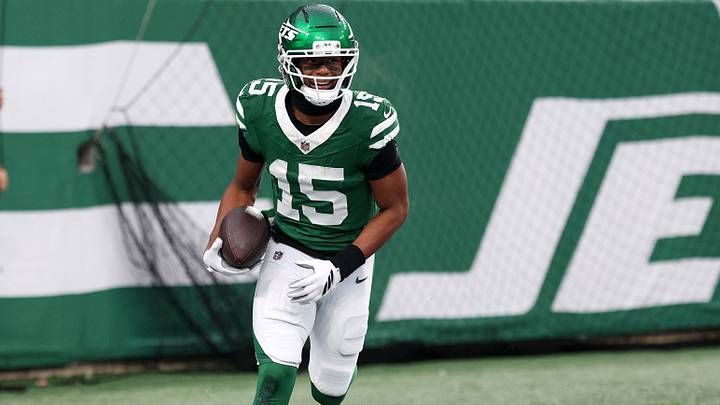 New York Jets wide receiver Adonai Mitchell (15) reacts after a touchdown catch against the Atlanta Falcons during the second half at MetLife Stadium. New York Jets wide receiver Adonai Mitchell (15) reacts after a touchdown catch against the Atlanta Falcons during the second half at MetLife Stadium.