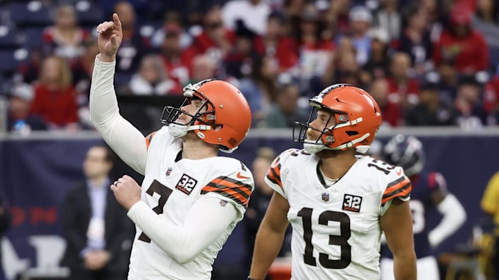 Dec 24, 2023; Houston, Texas, USA; Cleveland Browns place kicker Dustin Hopkins (7) celebrates his