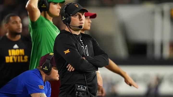 Sep 26, 2025; Tempe, Arizona, USA; Arizona State Sun Devils head coach Kenny Dillingham looks on against TCU Horned Frogs in the second half at Mountain America Stadium, Home of the ASU Sun Devils. Mandatory Credit: Jacob Reiner-Imagn Images Sep 26, 2025; Tempe, Arizona, USA; Arizona State Sun Devils head coach Kenny Dillingham looks on against TCU Horned Frogs in the second half at Mountain America Stadium, Home of the ASU Sun Devils. Mandatory Credit: Jacob Reiner-Imagn Images