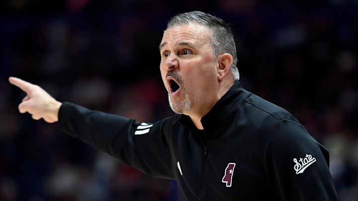 Mississippi State coach Chris Jans yells at to his players during a NCAA college basketball first round game against LSU at the men’s Southeastern Conference Tournament Wednesday, March 12, 2025, in Nashville, Tenn.