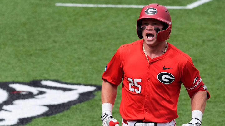 Georgia catcher Daniel Jackson (25) celebrates after hitting his second home run during a NCAA Regionals game against Binghamton in Athens, Ga., on Friday, May 30, 2025.