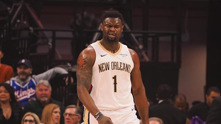 Feb 8, 2025; Sacramento, California, USA; New Orleans Pelicans forward Zion Williamson (1) reacts after a basket as a timeout is called during the first quarter against the Sacramento Kings at Golden 1 Center. Mandatory Credit: Kelley L Cox-Imagn Images Feb 8, 2025; Sacramento, California, USA; New Orleans Pelicans forward Zion Williamson (1) reacts after a basket as a timeout is called during the first quarter against the Sacramento Kings at Golden 1 Center. Mandatory Credit: Kelley L Cox-Imagn Images