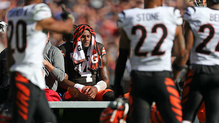 Cleveland Browns quarterback Deshaun Watson is carted off the field after suffering an injury.