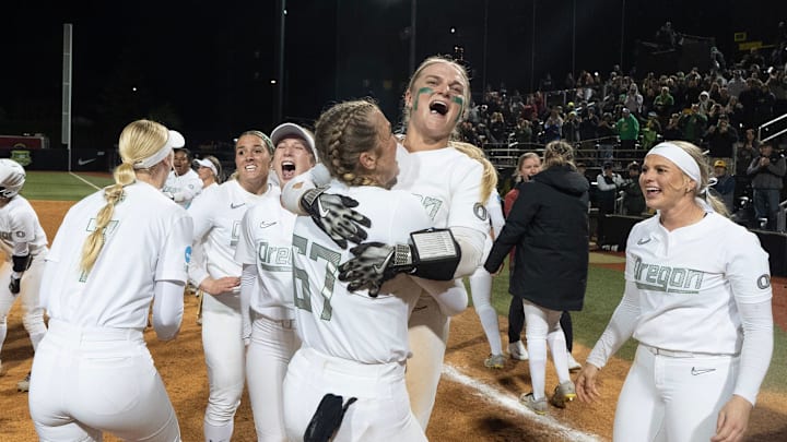  A dramatic win over Stanford in the Regional , followed by a sweep of Liberty sent Oregon to the Softball College World Series in Oklahoma City, where they'll play UCLA Thursday at 6:30 p.m. PT.