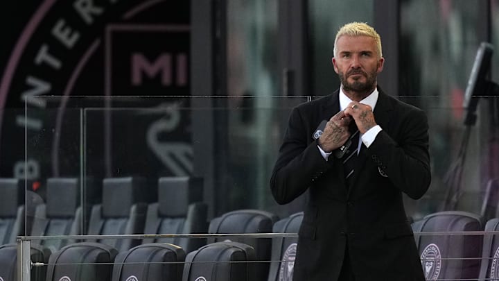 Jul 31, 2021; Fort Lauderdale, FL, USA; Inter Miami CF owner David Beckham watches warm ups prior to a Herons match at DRV PNK Stadium.