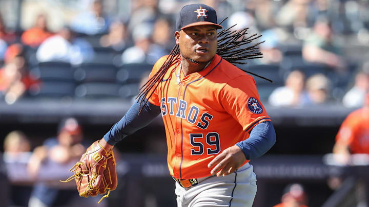 Aug 9, 2025; Bronx, New York, USA;  Houston Astros starting pitcher Framber Valdez (59) at Yankee Stadium. Mandatory Credit: Wendell Cruz-Imagn Images