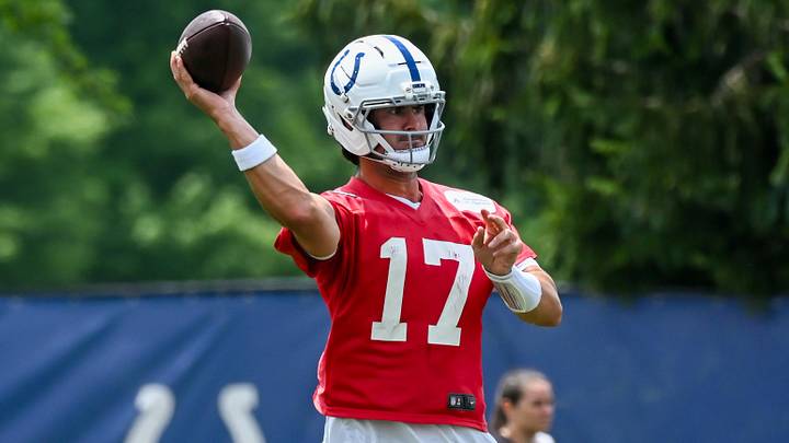 Indianapolis Colts quarterback Daniel Jones (17) throws a pass during a drill during minicamp at Indiana Farm Bureau Football Center. Indianapolis Colts quarterback Daniel Jones (17) throws a pass during a drill during minicamp at Indiana Farm Bureau Football Center.