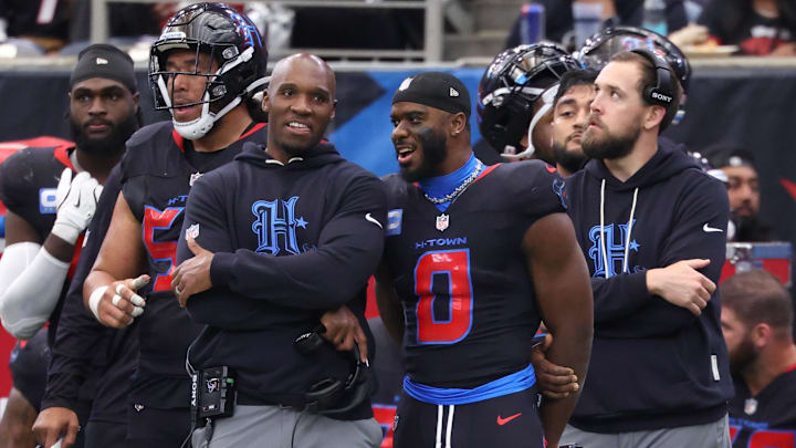 Jan 4, 2026; Houston, Texas, USA;  Houston Texans head coach Demeco Ryans on the sidelines with linebacker Azeez al-Shaair (0) during the second half Indianapolis Colts at NRG Stadium. Mandatory Credit: Troy Taormina-Imagn Images