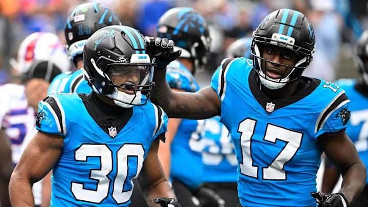 Oct 26, 2025; Charlotte, North Carolina, USA; Carolina Panthers running back Chuba Hubbard (30) celebrates with wide receiver Xavier Legette (17) after scoring a touchdown in the fourth quarter against the Buffalo Bills at Bank of America Stadium. Oct 26, 2025; Charlotte, North Carolina, USA; Carolina Panthers running back Chuba Hubbard (30) celebrates with wide receiver Xavier Legette (17) after scoring a touchdown in the fourth quarter against the Buffalo Bills at Bank of America Stadium.