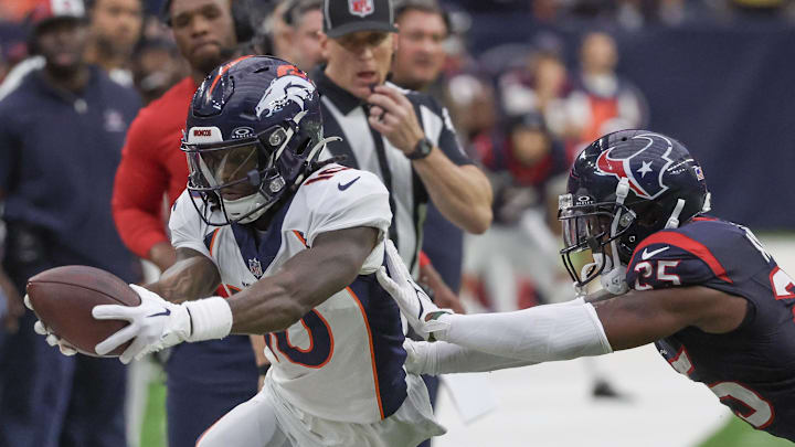 Dec 3, 2023; Houston, Texas, USA;Denver Broncos wide receiver Jerry Jeudy (10) catches the ball