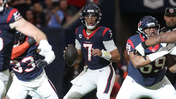 Jan 13, 2024; Houston, Texas, USA; Houston Texans quarterback C.J. Stroud (7) in a 2024 AFC wild