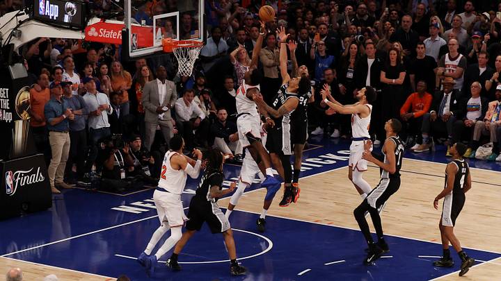 Jun 10, 2026; New York, New York, USA; New York Knicks forward Og Anunoby (8) makes the go-ahead tip-in as San Antonio Spurs guard Dylan Harper (2) defends in the final second of the fourth quarter during game four of the 2026 NBA Finals at Madison Square Garden. Mandatory Credit: Geoff Burke-Imagn Images Jun 10, 2026; New York, New York, USA; New York Knicks forward Og Anunoby (8) makes the go-ahead tip-in as San Antonio Spurs guard Dylan Harper (2) defends in the final second of the fourth quarter during game four of the 2026 NBA Finals at Madison Square Garden. Mandatory Credit: Geoff Burke-Imagn Images